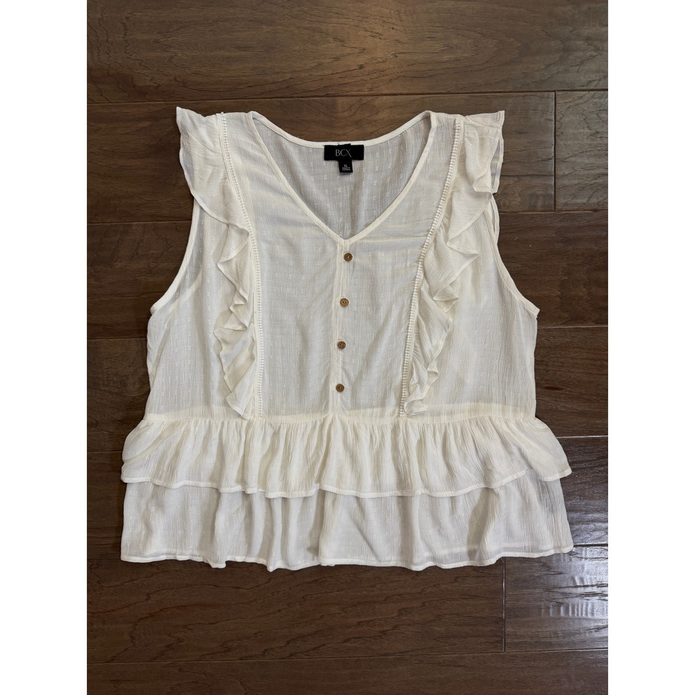 Women Ivory Ruffle Peplum Button‎ Front Sleeveless Dobby Top XL